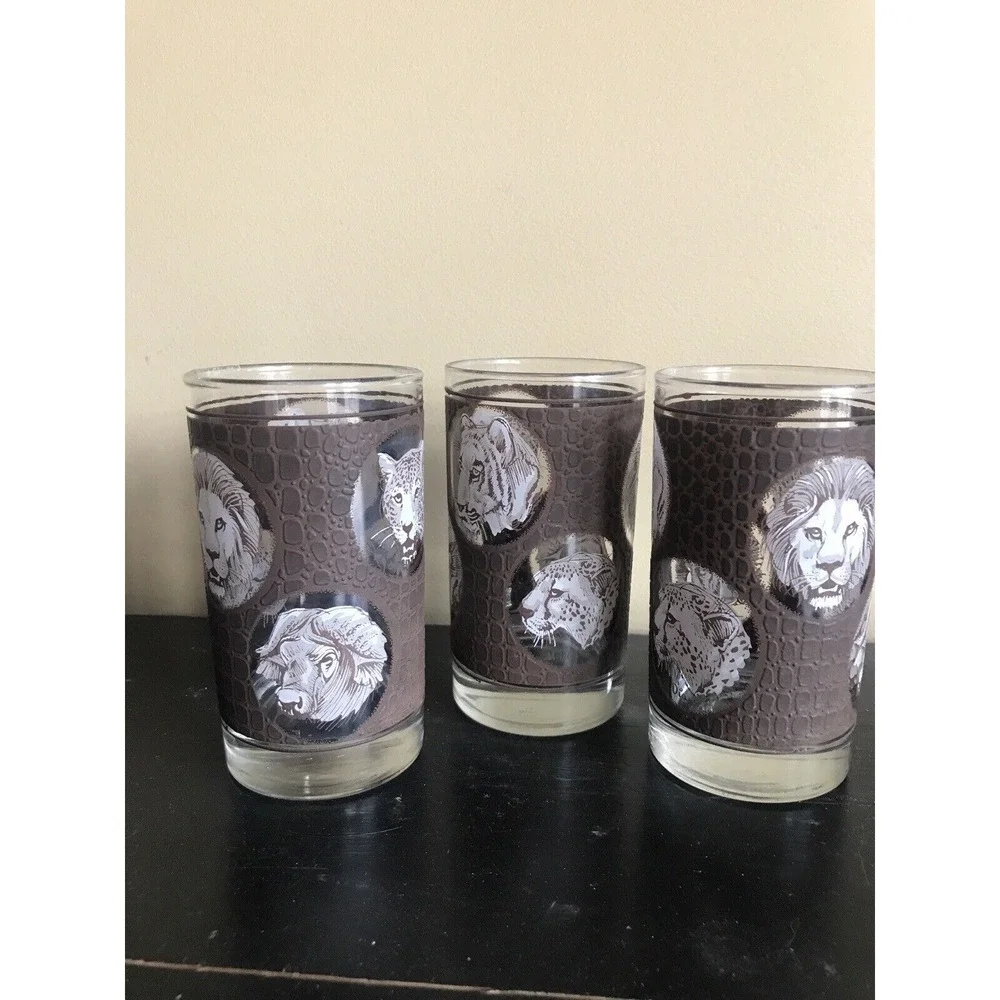 Vintage Libbey Glasses Glass set of 3 Lion‎ Tiger Leopard Ram African Safari